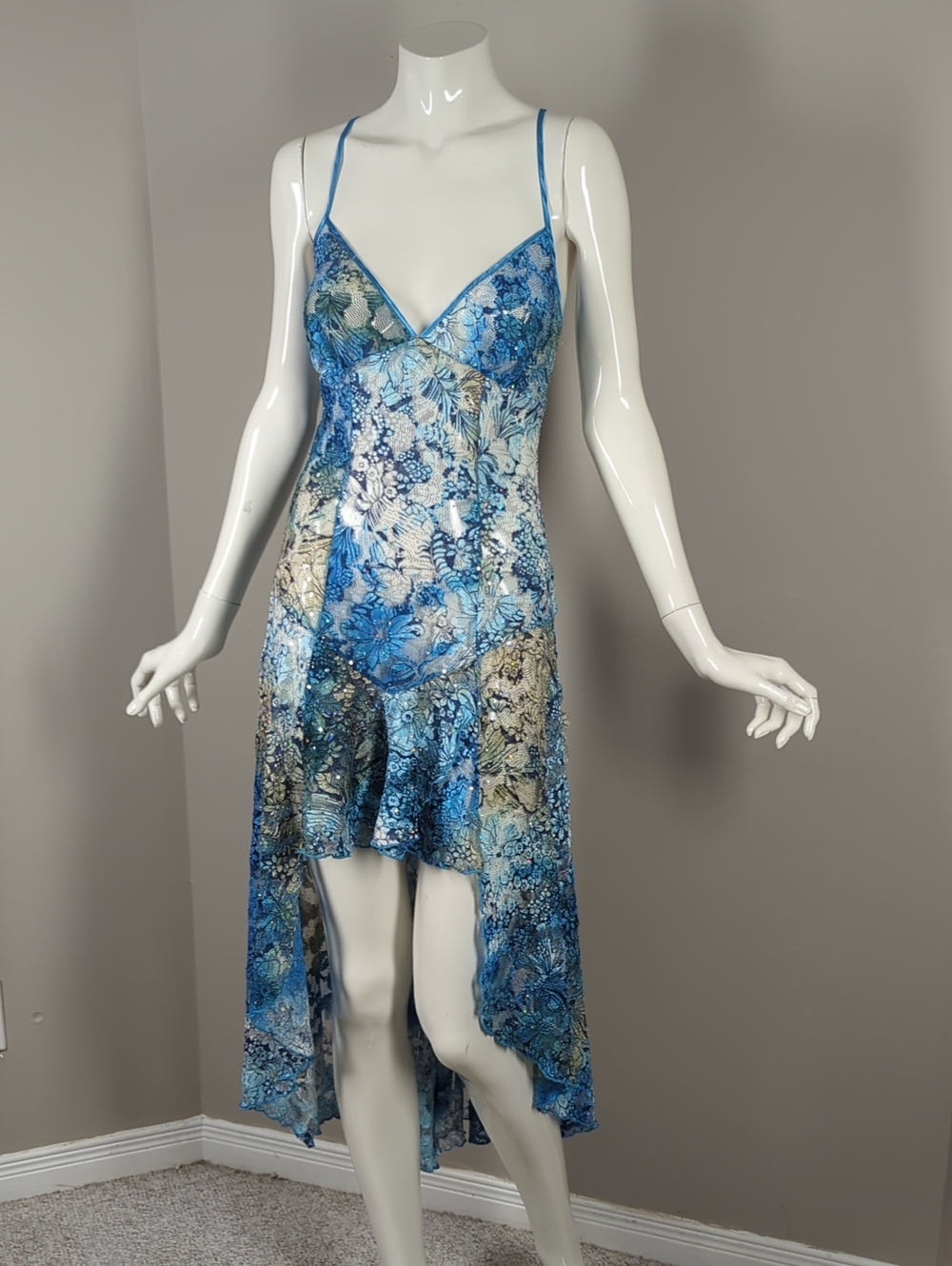 Shirley Of Hollywood Blue Floral Lace-Up Back Slip Dress